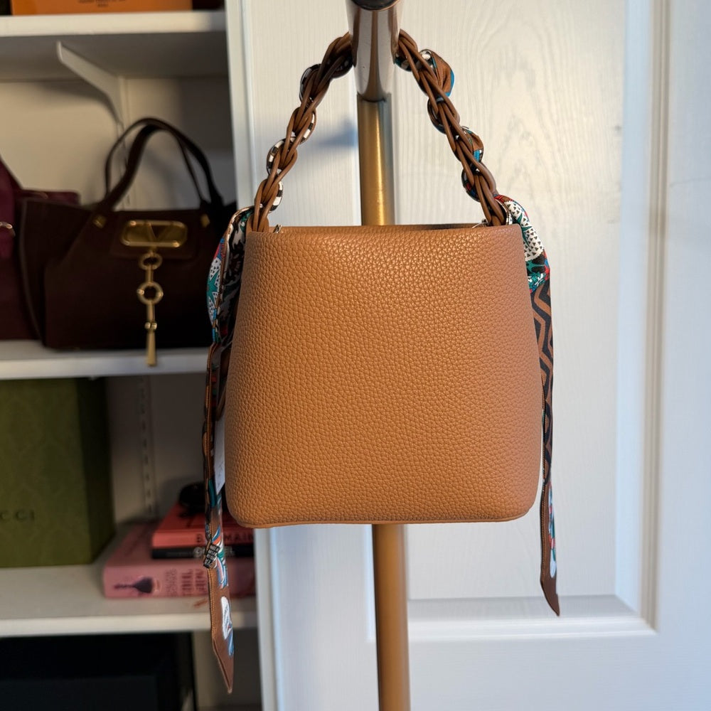 A51. Tan Braided Handle Women's Bag w/ Crossbody Strap