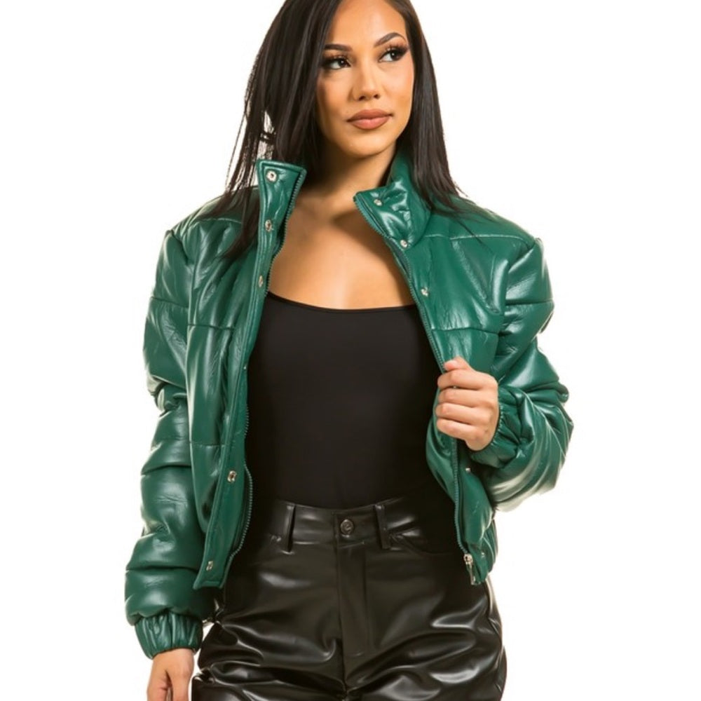 A53. Green Faux Leather Puffer Jacket