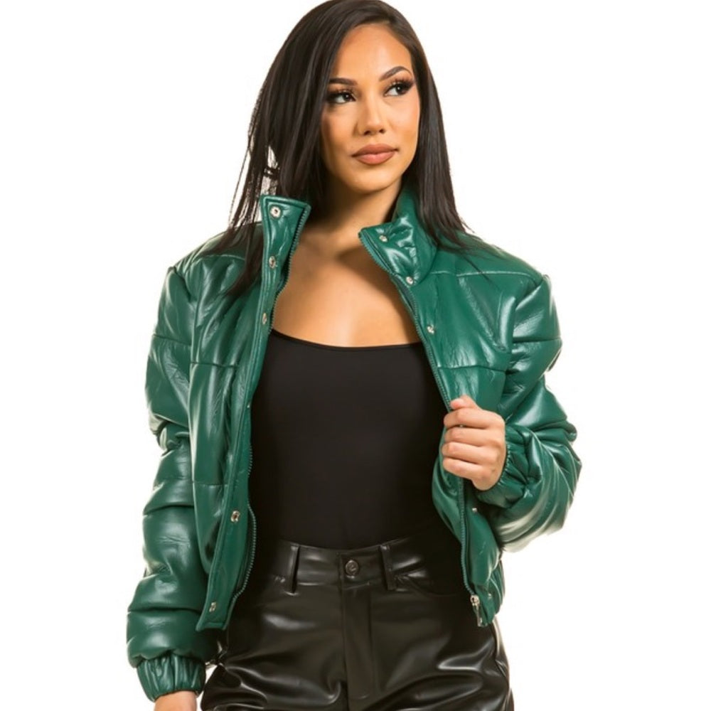 A53. Green Faux Leather Puffer Jacket
