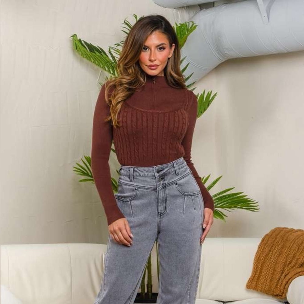 A55. Brown Cable Knit Women's Sweater