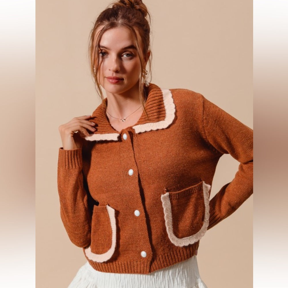 A57. Rust Brown Cardigan with Cream Trim