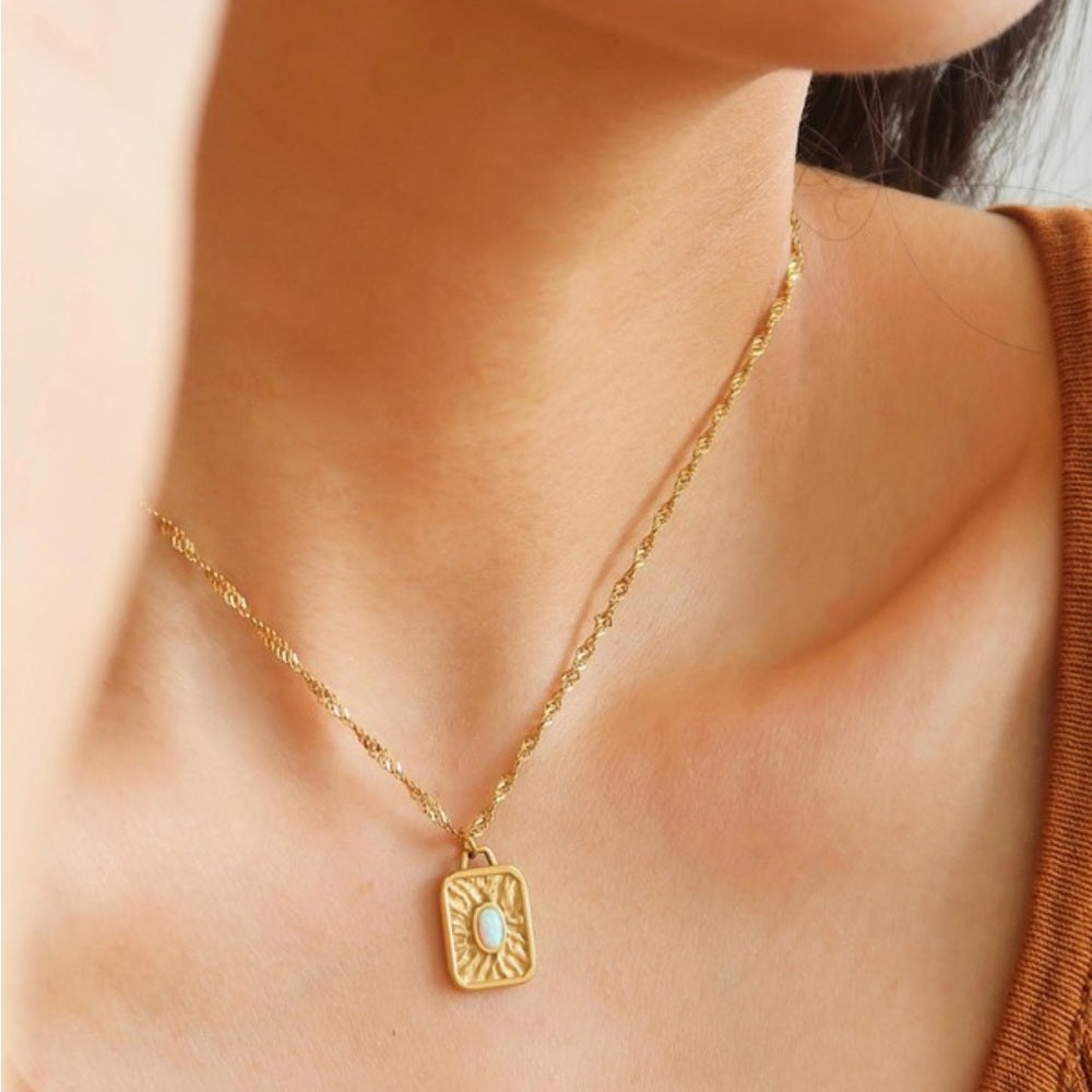 A60. 18k Non-tarnish Rectangle Stone Sun Necklace