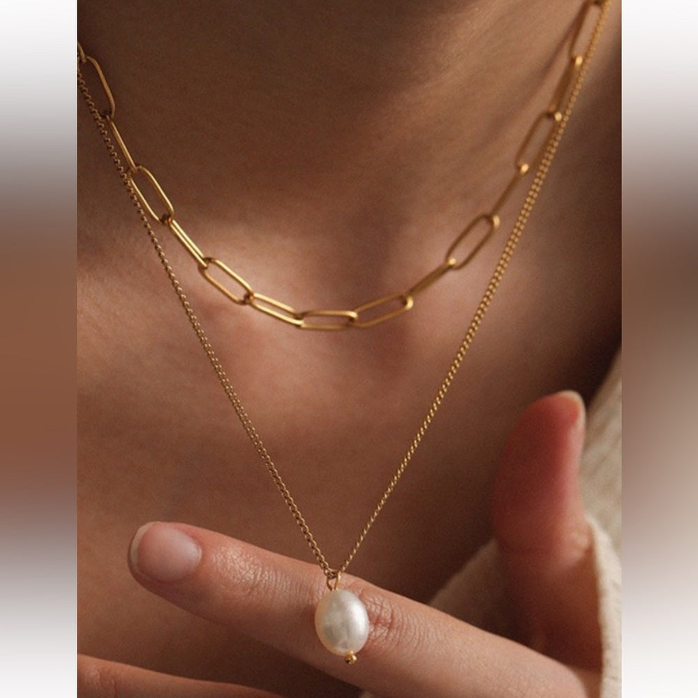 A66. 18k Gold Non-tarnish Stainless Steel Chain Necklace with Pearl Pendant