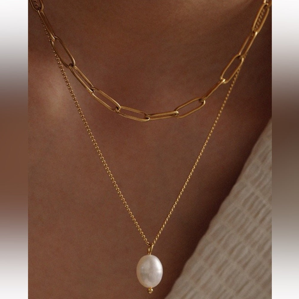 A66. 18k Gold Non-tarnish Stainless Steel Chain Necklace with Pearl Pendant