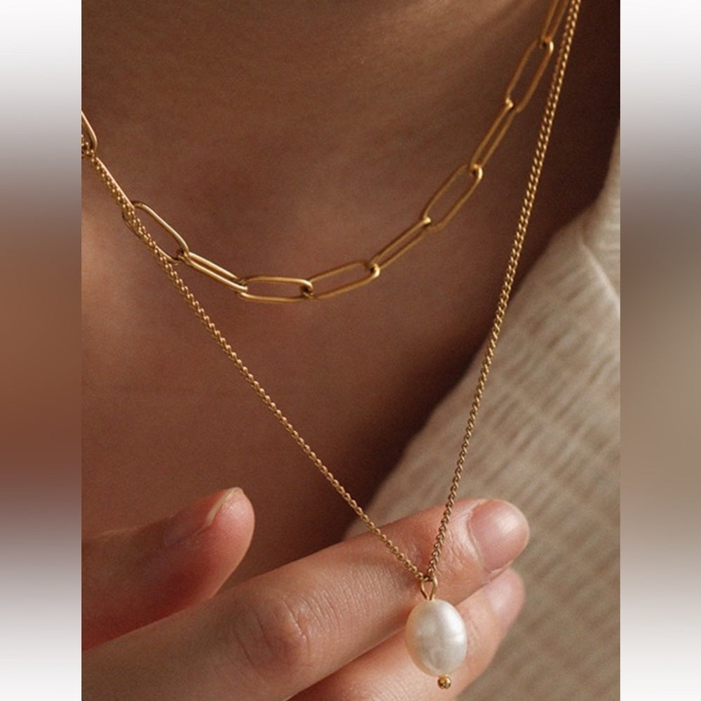 A66. 18k Gold Non-tarnish Stainless Steel Chain Necklace with Pearl Pendant