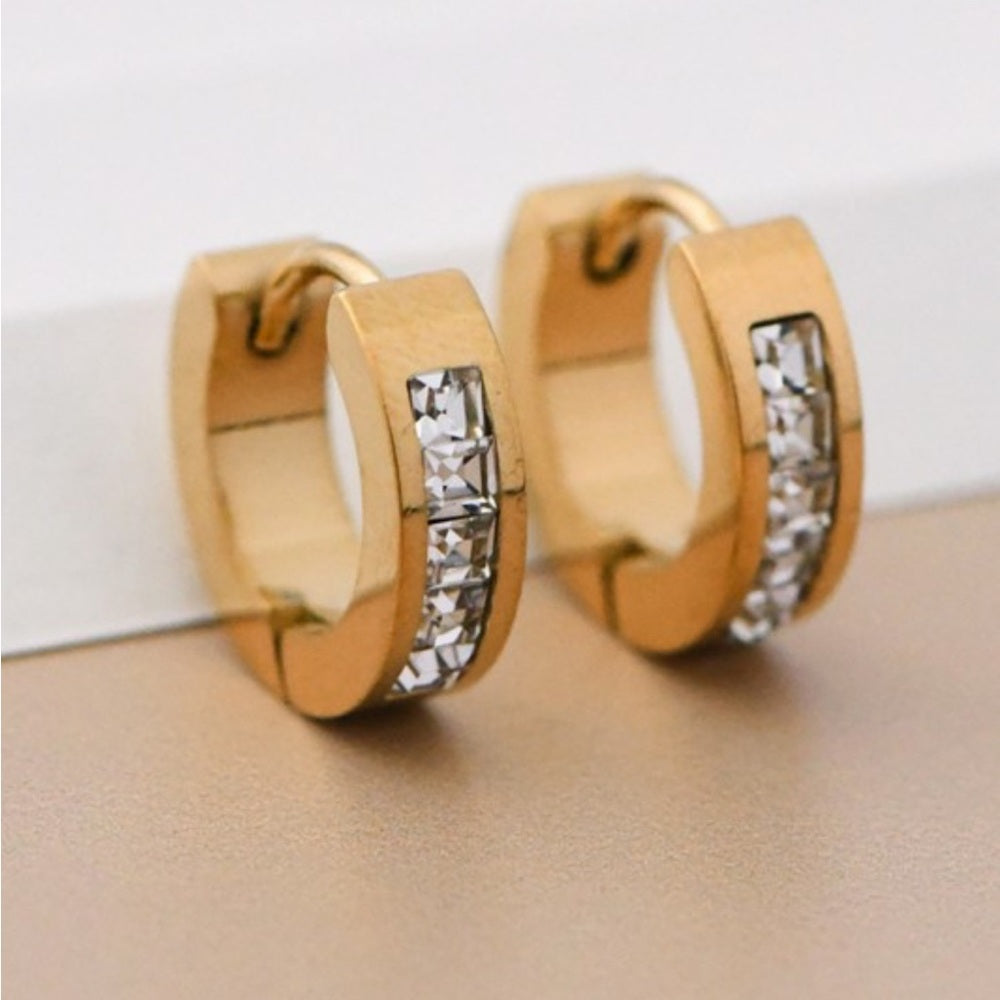 A69. 18k Gold Non-tarnish Stainless Huggie Earrings with Crystal Accents