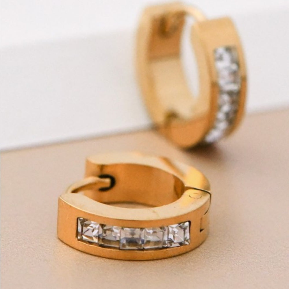 A69. 18k Gold Non-tarnish Stainless Huggie Earrings with Crystal Accents