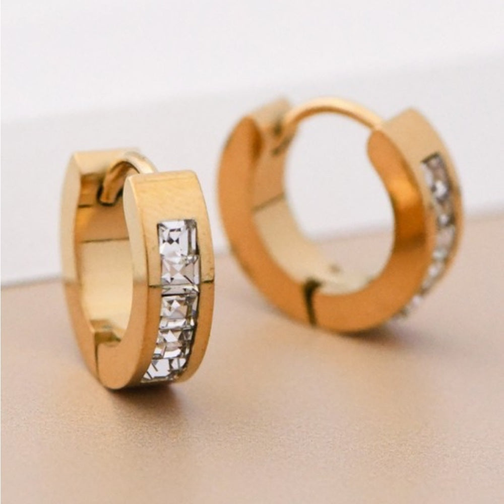 A69. 18k Gold Non-tarnish Stainless Huggie Earrings with Crystal Accents