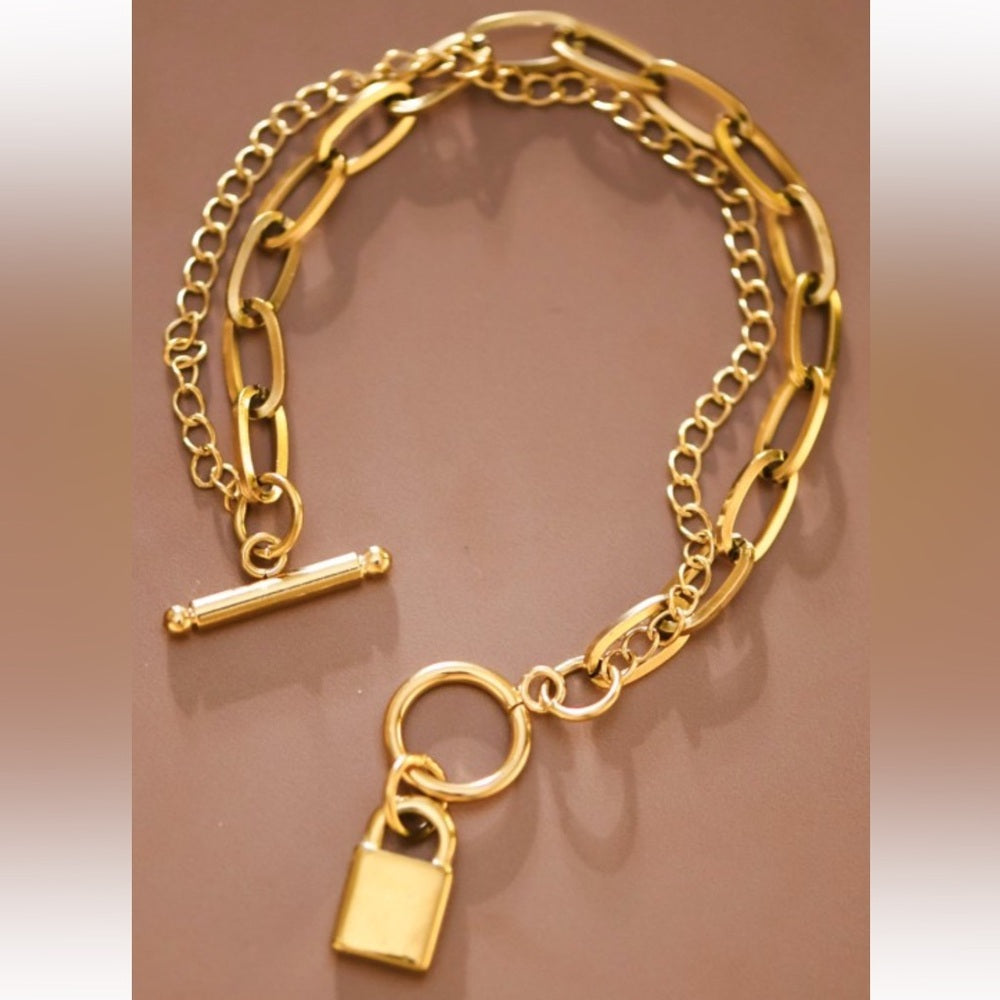 A72. 18k Gold Stainless Steel Chain Bracelet with Lock Charm