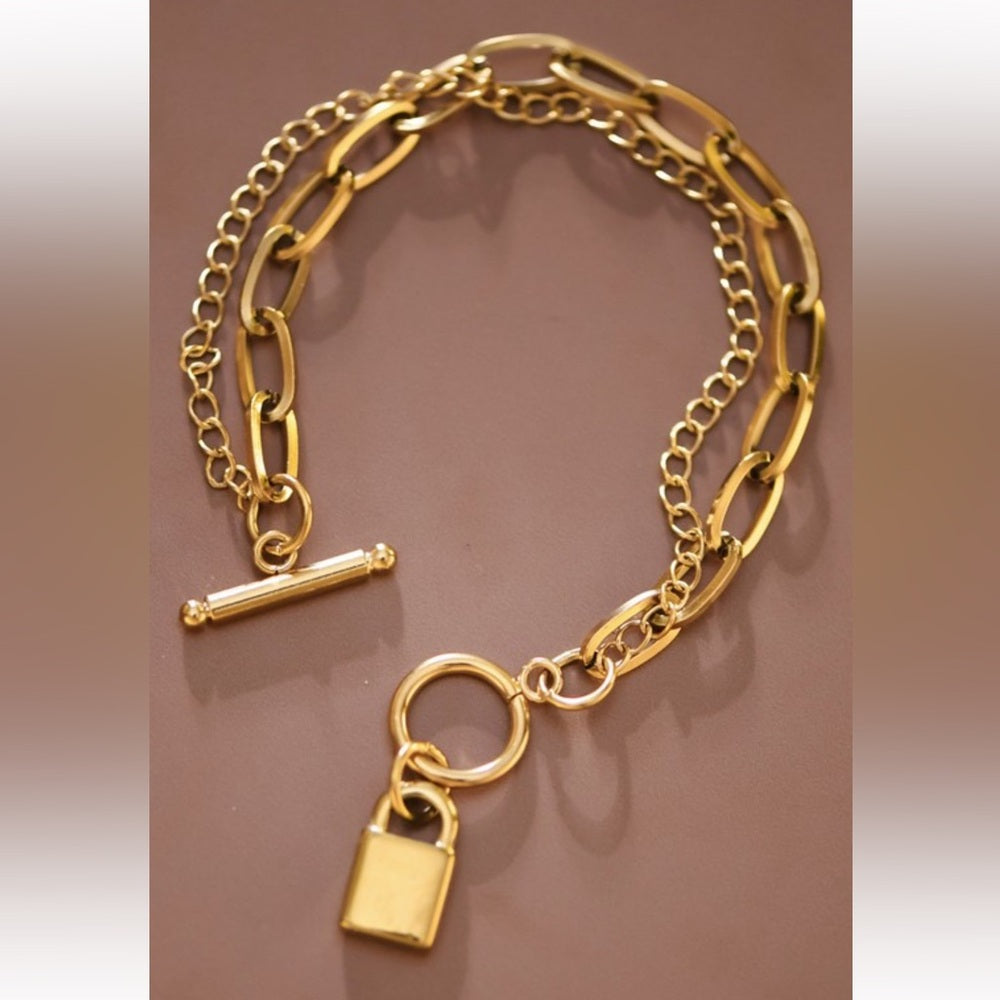 A72. 18k Gold Stainless Steel Chain Bracelet with Lock Charm