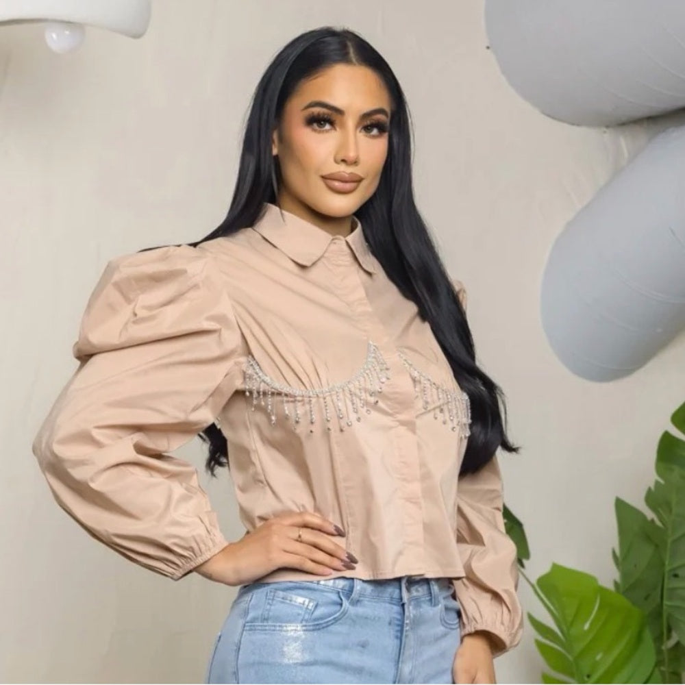 A77. Beige Puff Sleevesn Rhinestone Bust