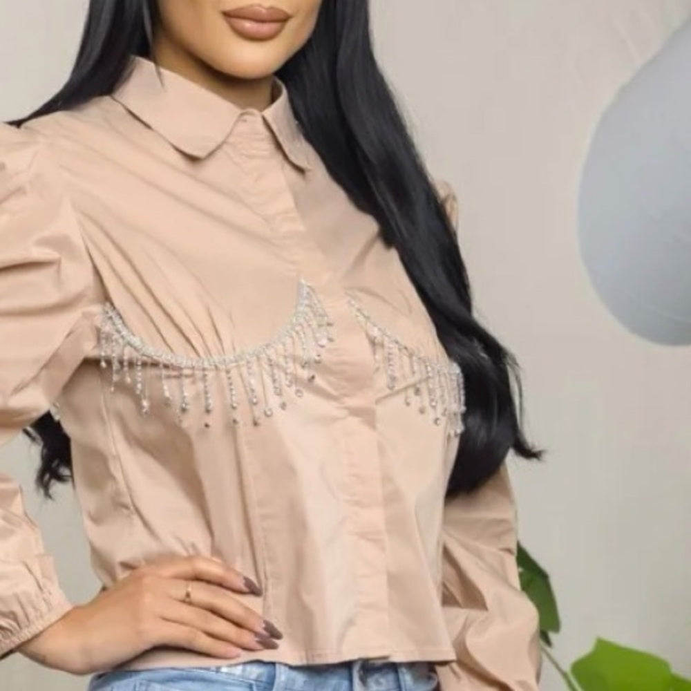 A77. Beige Puff Sleevesn Rhinestone Bust