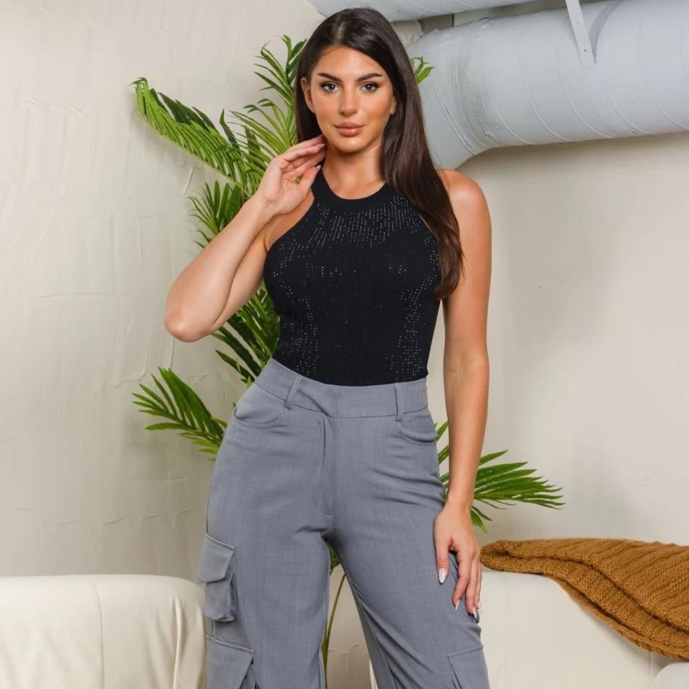 A80. Black Rhinestone Tank Top