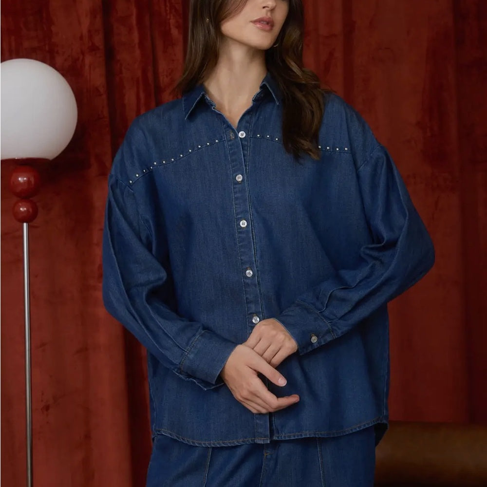 A105. Collared Button Down Stud Detail Denim Shirt and Pants Set