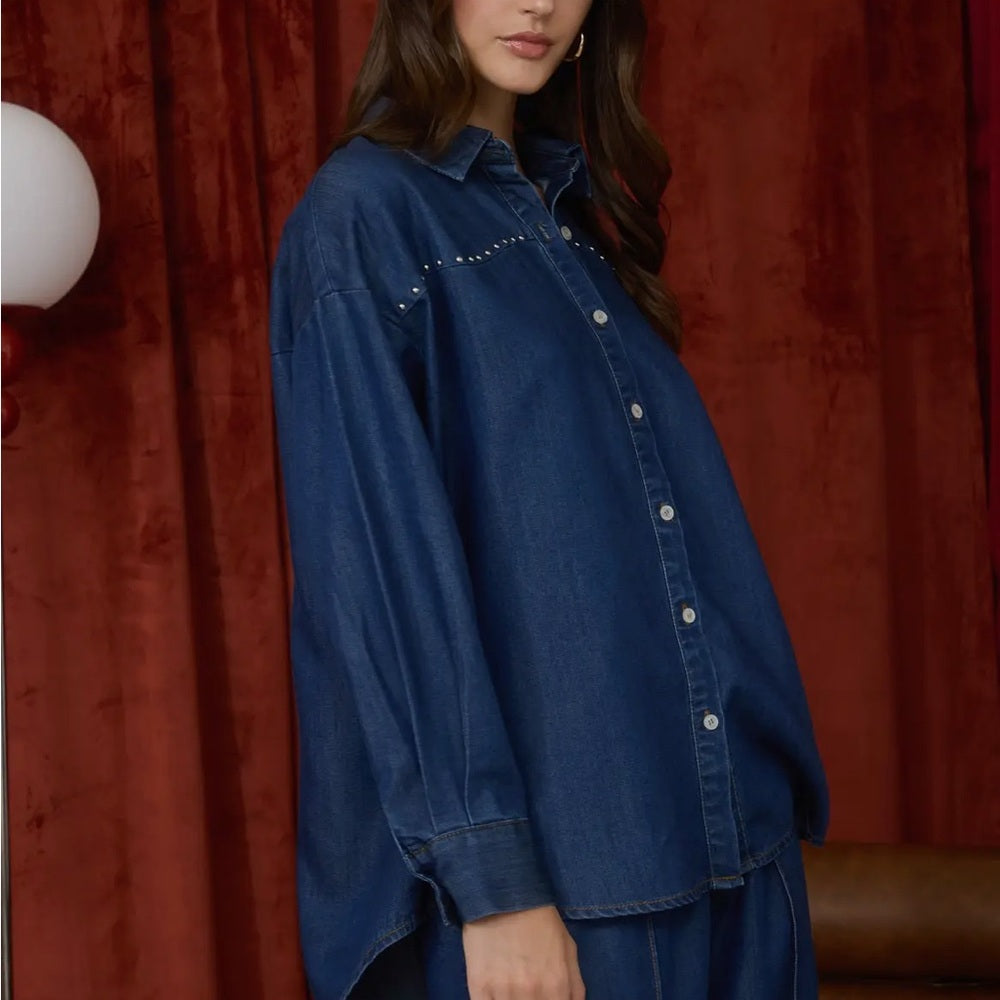 A105. Collared Button Down Stud Detail Denim Shirt and Pants Set