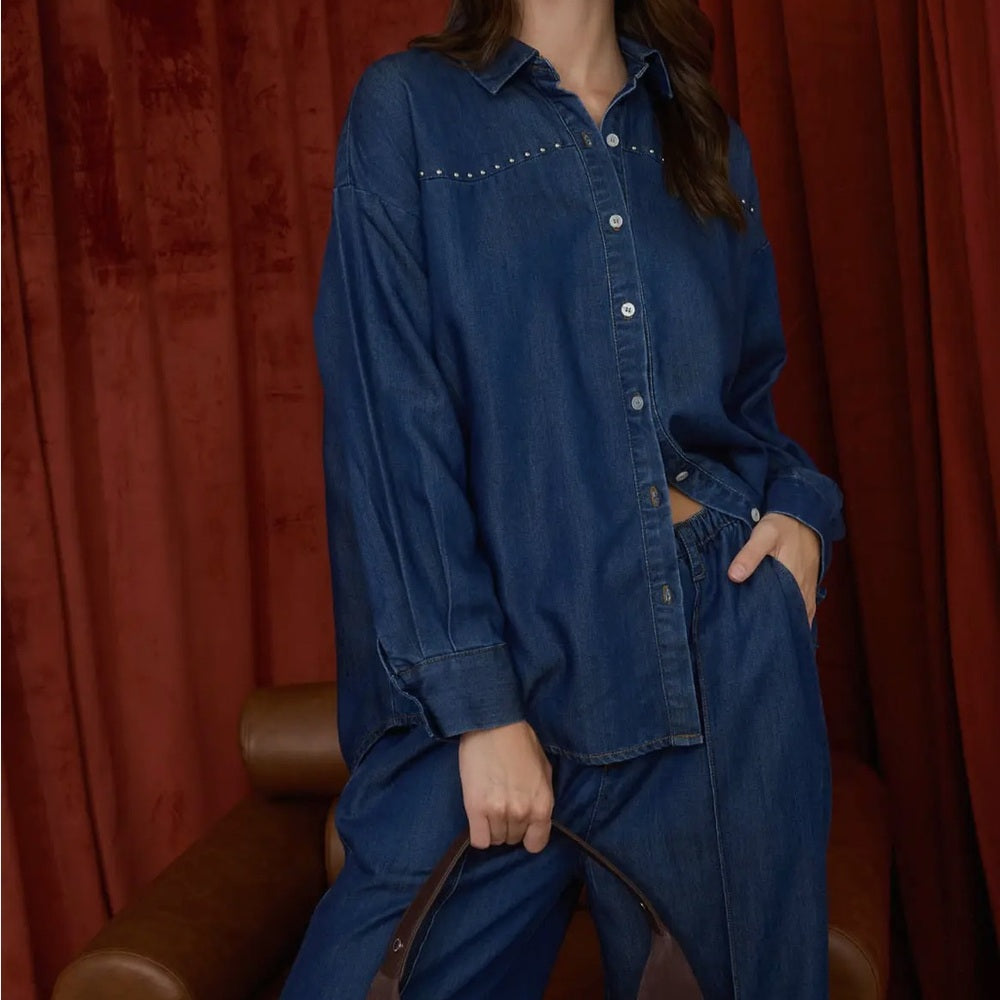 A105. Collared Button Down Stud Detail Denim Shirt and Pants Set