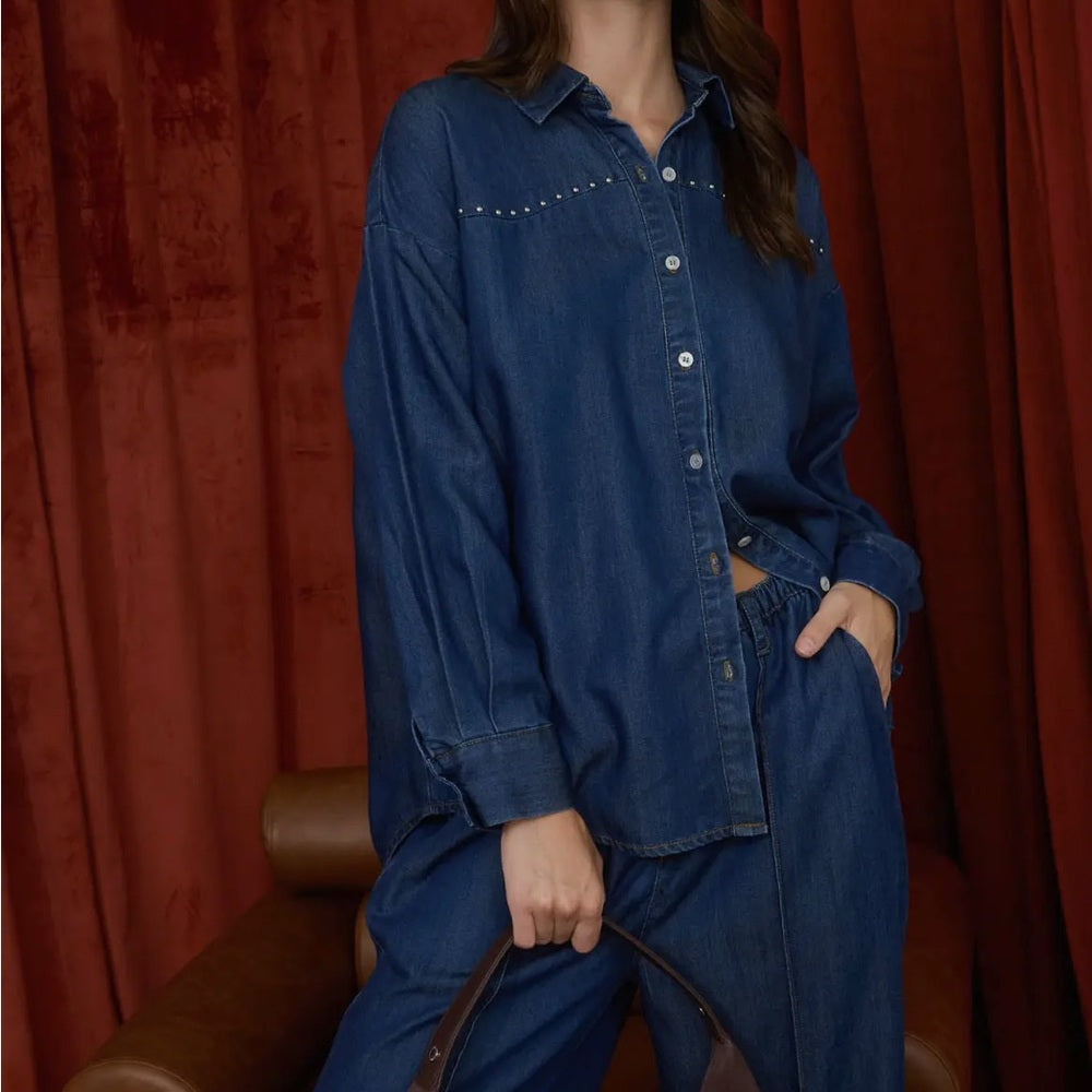 A105. Collared Button Down Stud Detail Denim Shirt and Pants Set