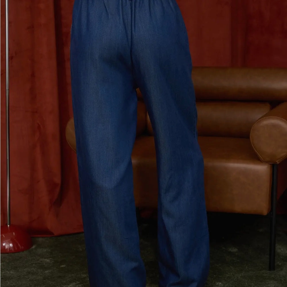 A105. Collared Button Down Stud Detail Denim Shirt and Pants Set