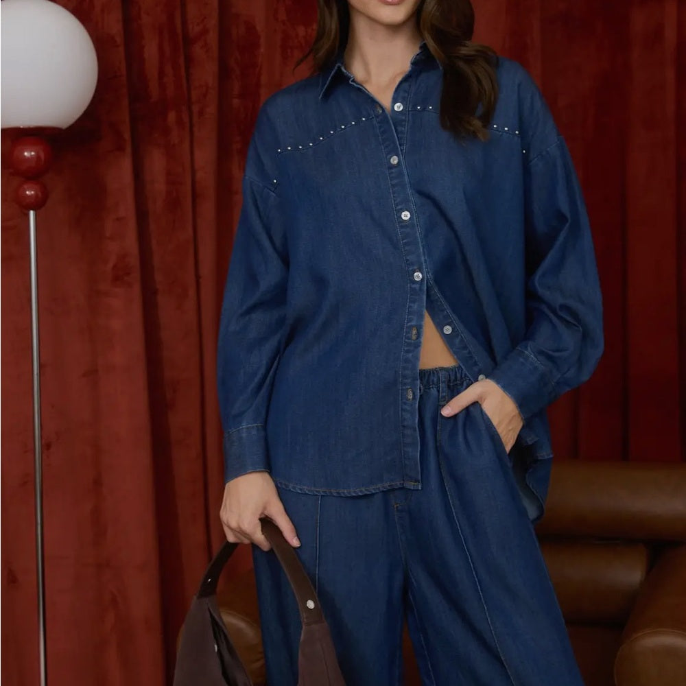 A105. Collared Button Down Stud Detail Denim Shirt and Pants Set
