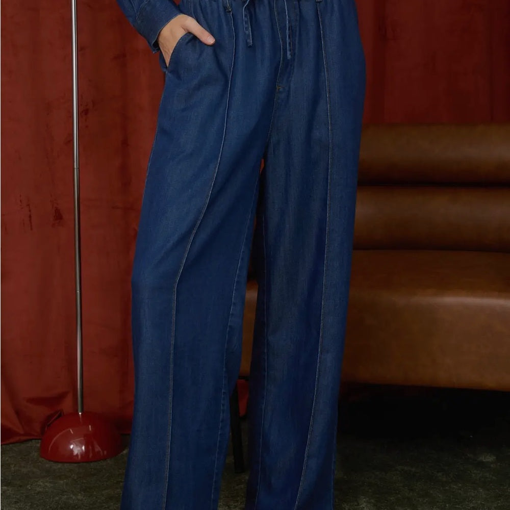 A105. Collared Button Down Stud Detail Denim Shirt and Pants Set