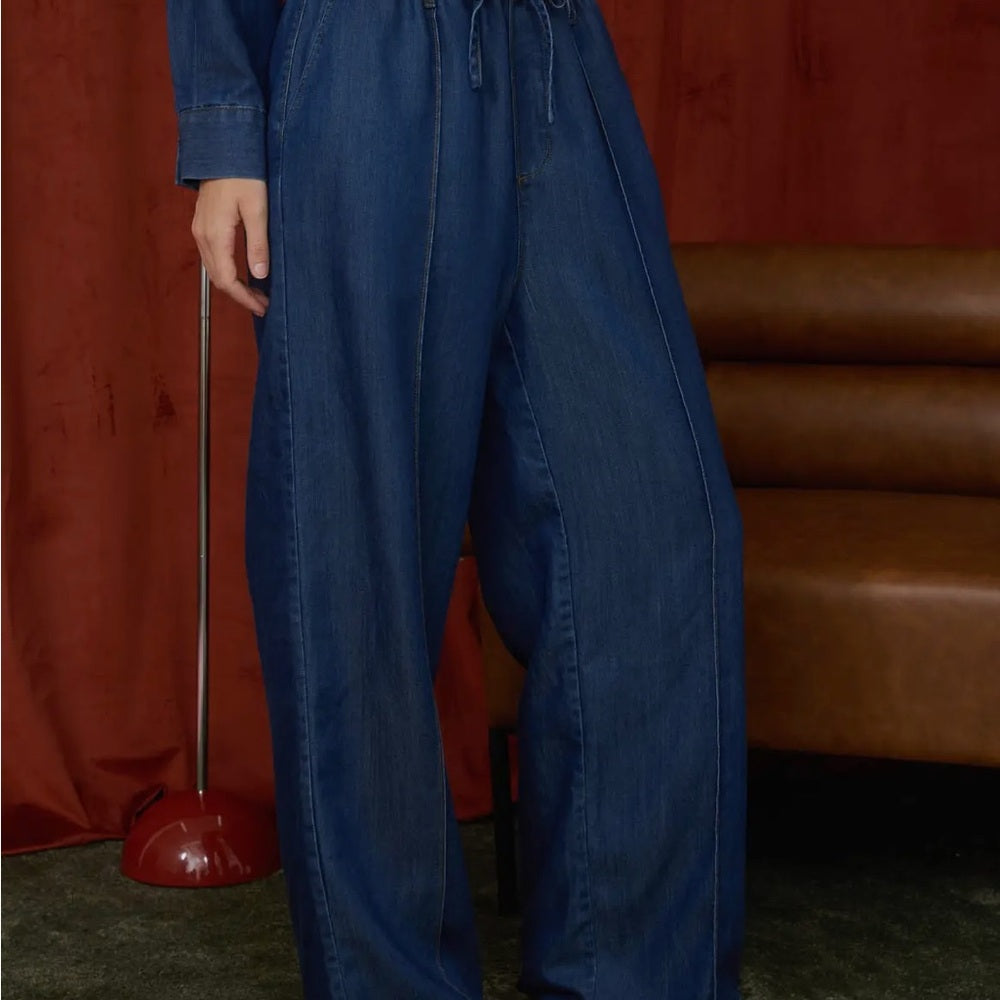 A105. Collared Button Down Stud Detail Denim Shirt and Pants Set