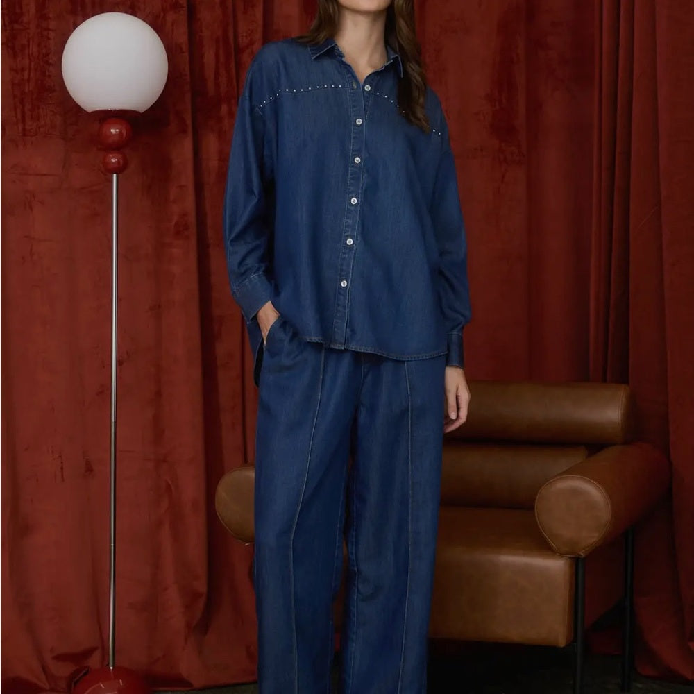 A105. Collared Button Down Stud Detail Denim Shirt and Pants Set