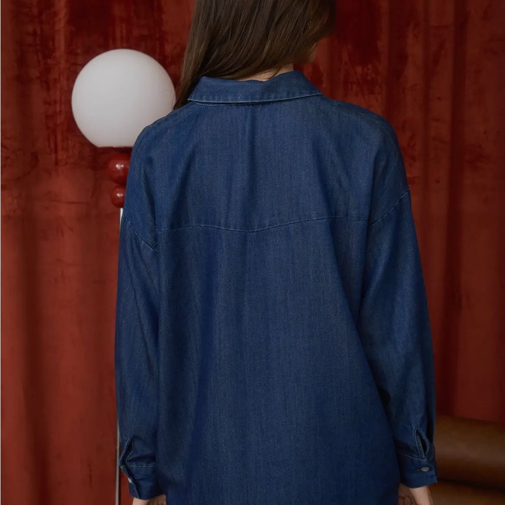 A105. Collared Button Down Stud Detail Denim Shirt and Pants Set