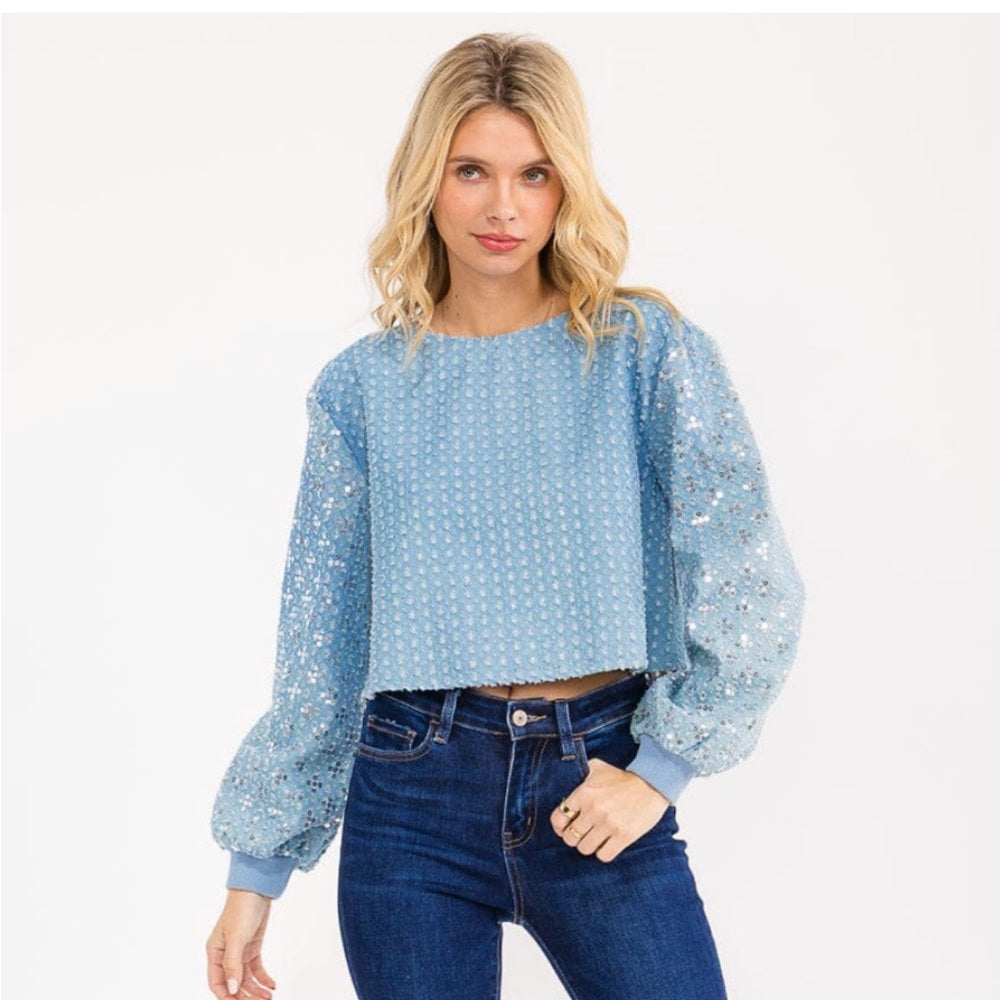 A110. Light Blue Denim Sequin Embellished Long Sleeve Top