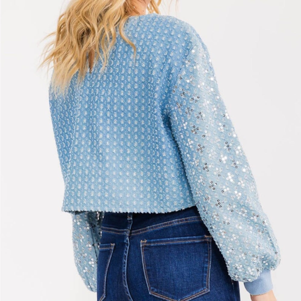 A110. Light Blue Denim Sequin Embellished Long Sleeve Top