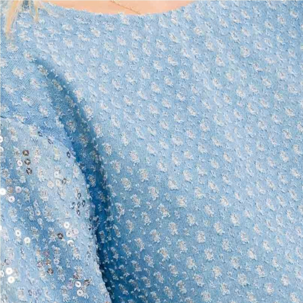 A110. Light Blue Denim Sequin Embellished Long Sleeve Top