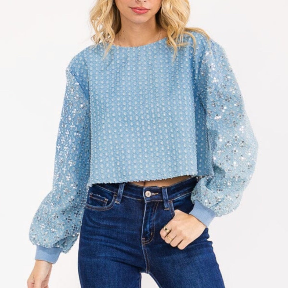 A110. Light Blue Denim Sequin Embellished Long Sleeve Top