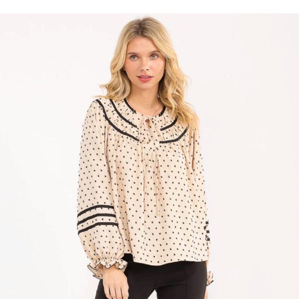 A111. Polka Dot Blouse with Black Accents