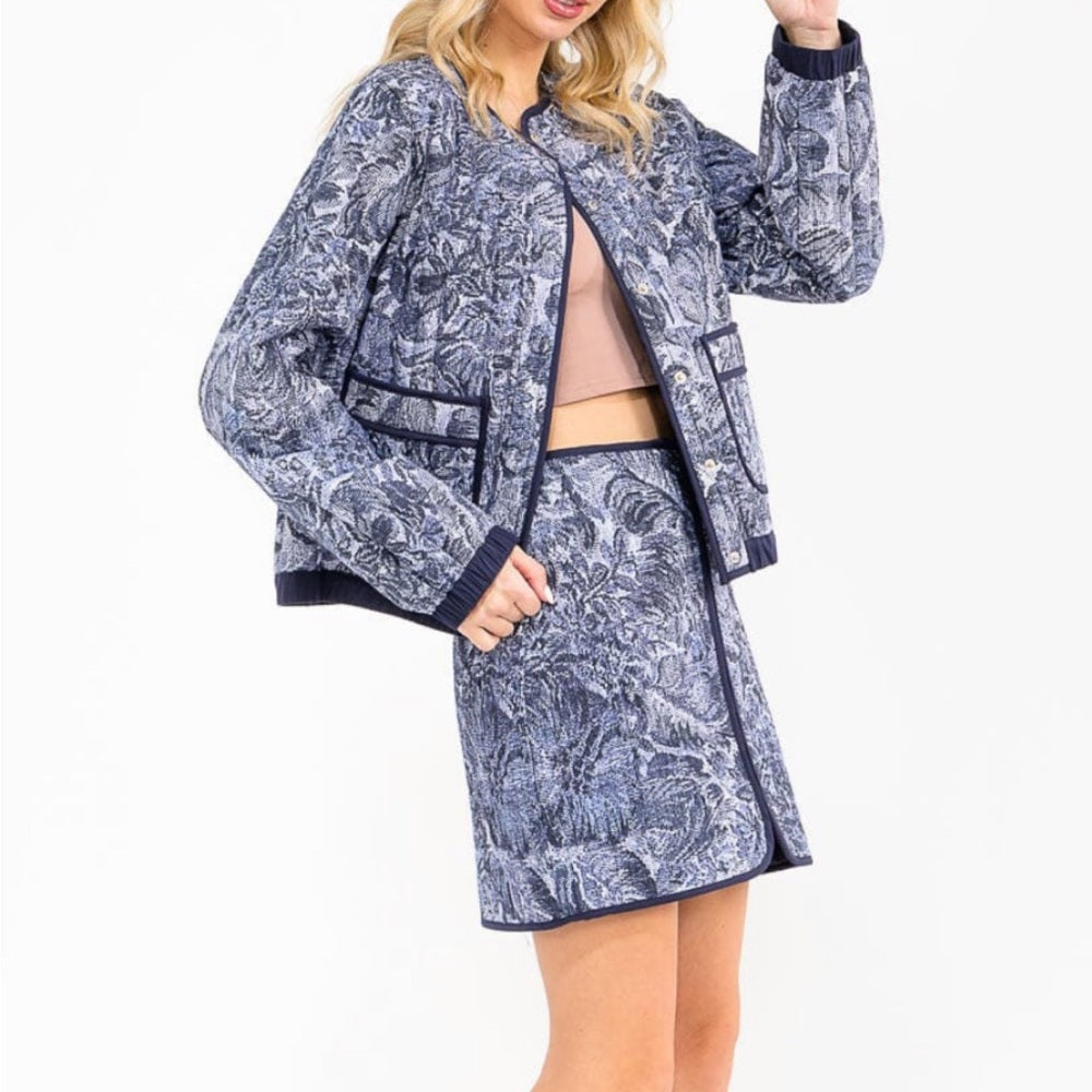 A112. Blue Floral Jacket & Skirt Set