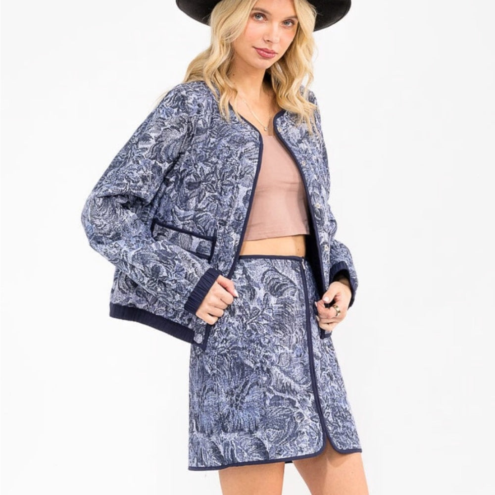 A112. Blue Floral Jacket & Skirt Set