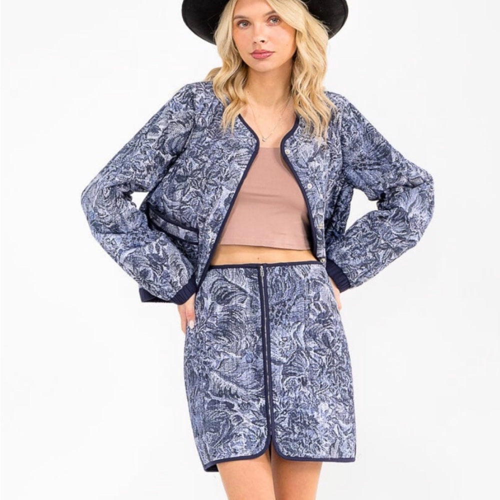 A112. Blue Floral Jacket & Skirt Set