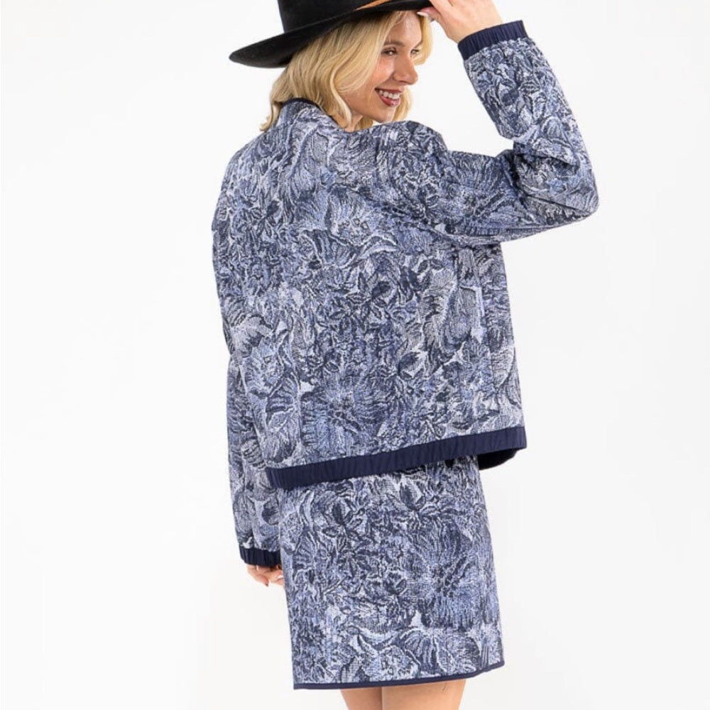 A112. Blue Floral Jacket & Skirt Set