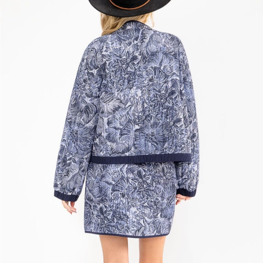 A112. Blue Floral Jacket & Skirt Set