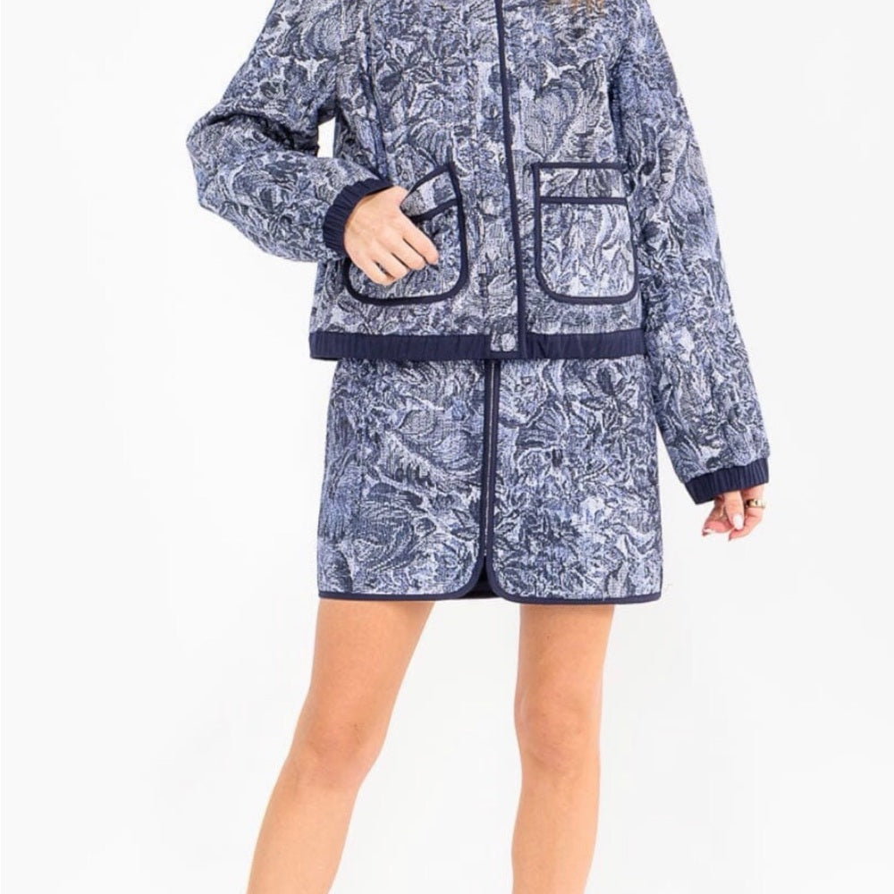 A112. Blue Floral Jacket & Skirt Set