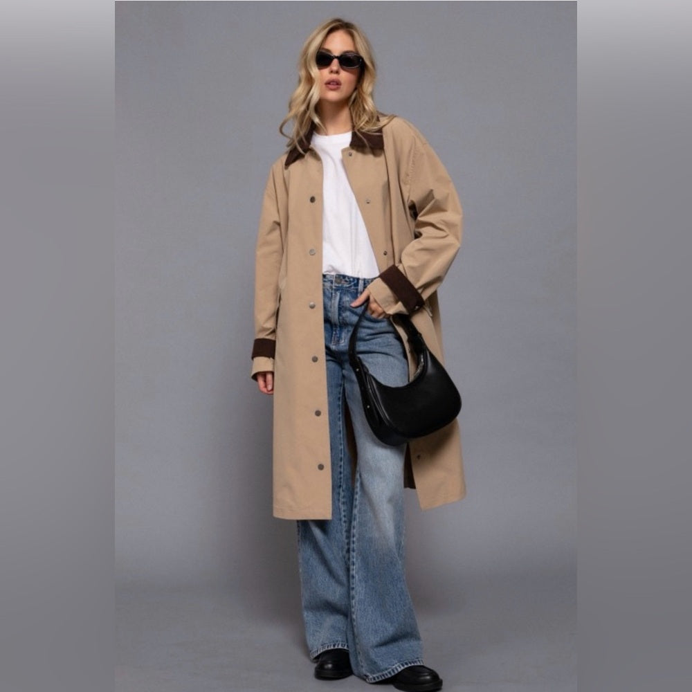 A120 Tan Trench Coat with Brown corduroy collar and cuffs