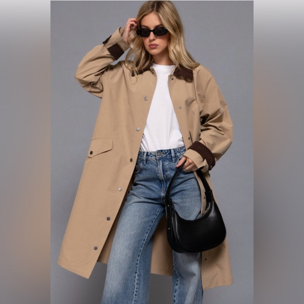 A120 Tan Trench Coat with Brown corduroy collar and cuffs