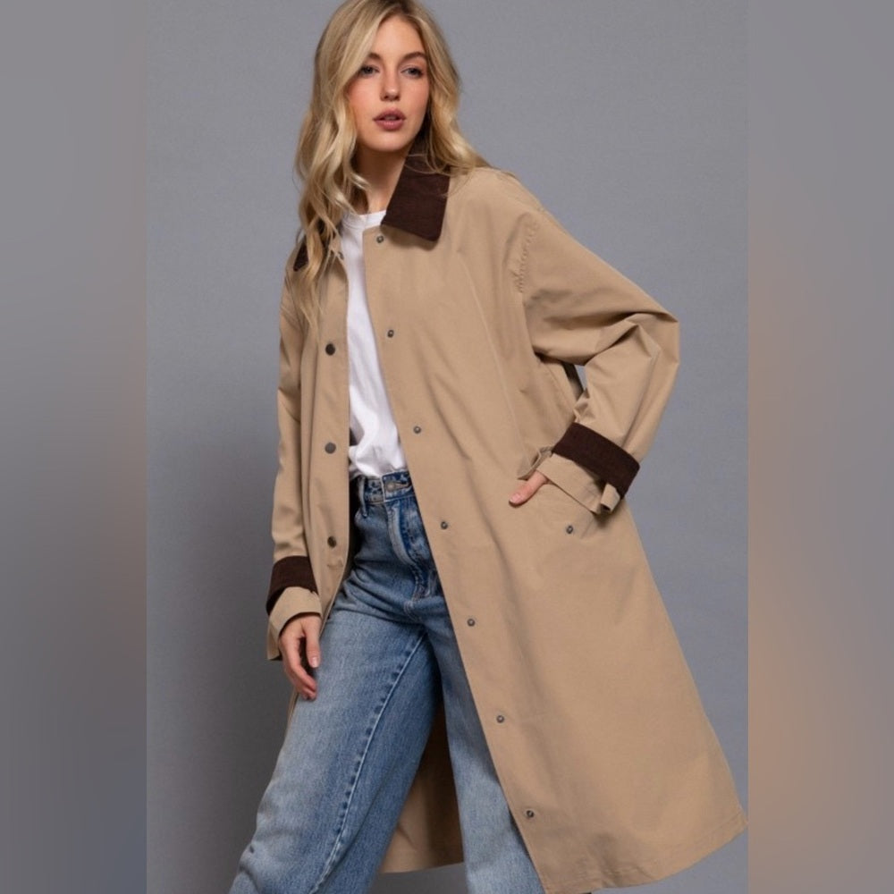 A120 Tan Trench Coat with Brown corduroy collar and cuffs