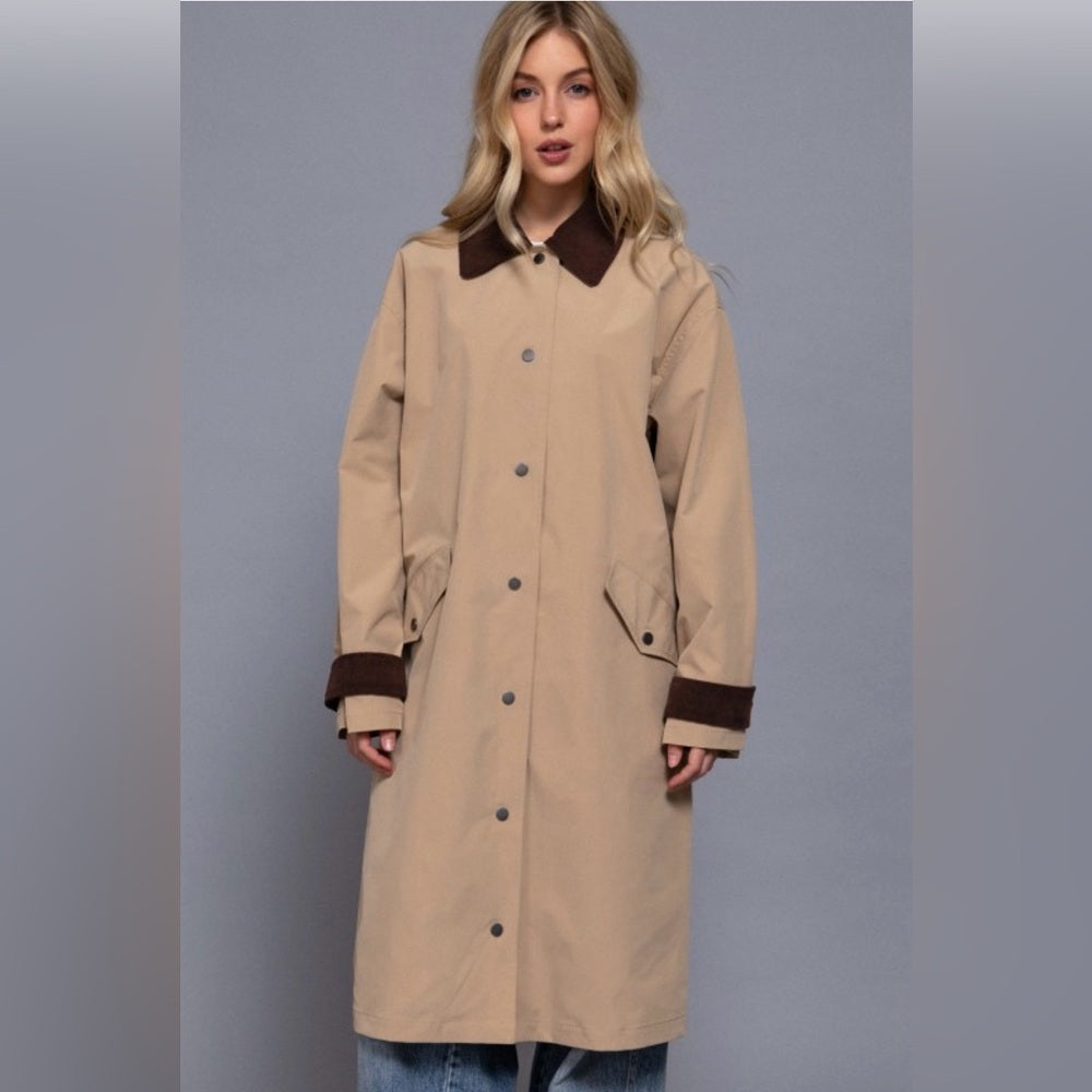 A120 Tan Trench Coat with Brown corduroy collar and cuffs