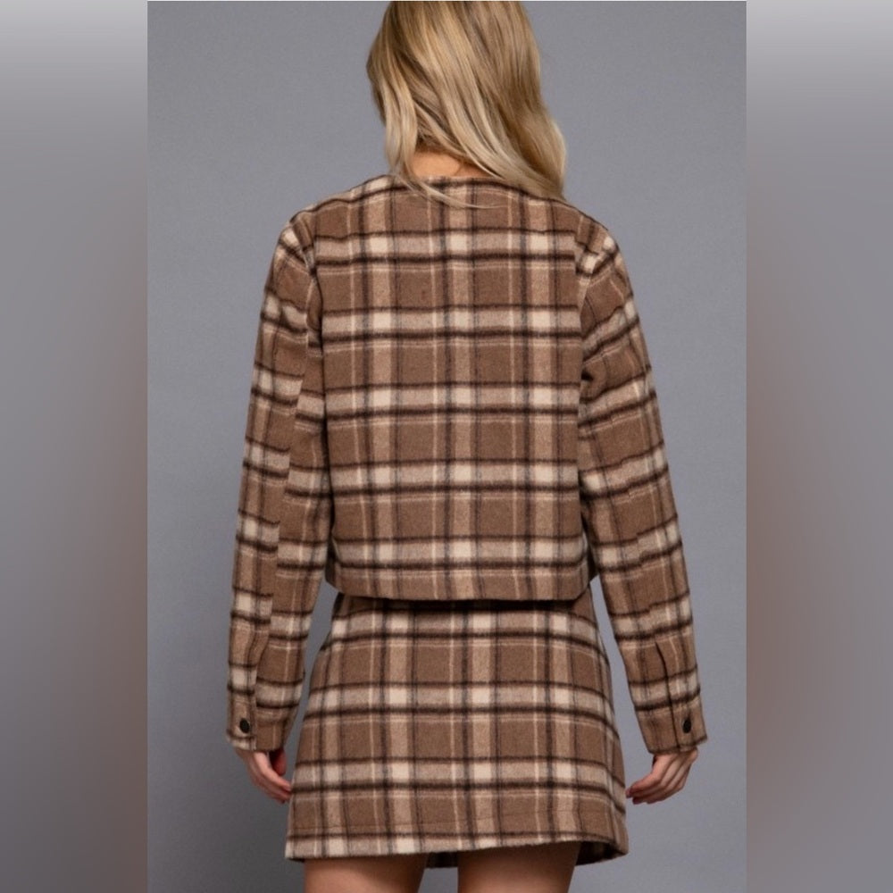 A125. Plaid Brown and Tan Skirt Suit Set