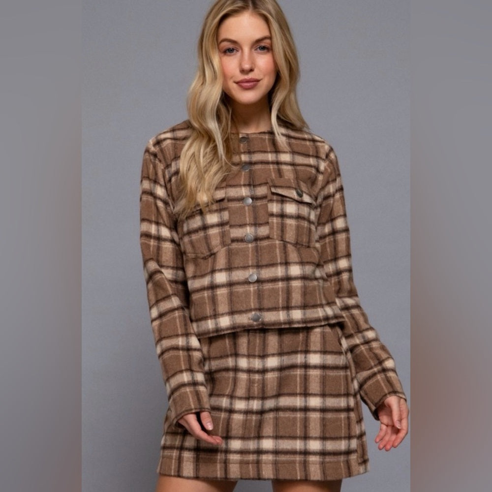A125. Plaid Brown and Tan Skirt Suit Set