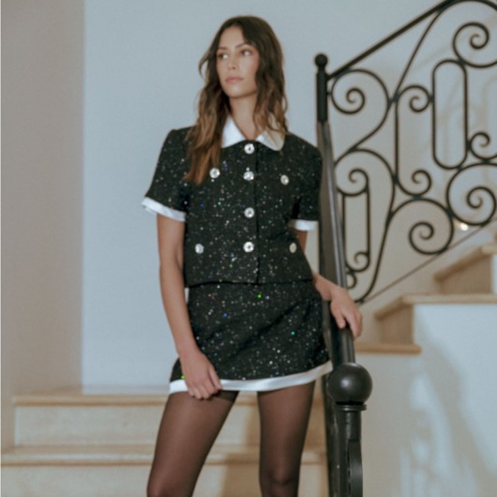 A127. Mable Sequin Tweed Rhinestone Jacket And Mini Skirt Set