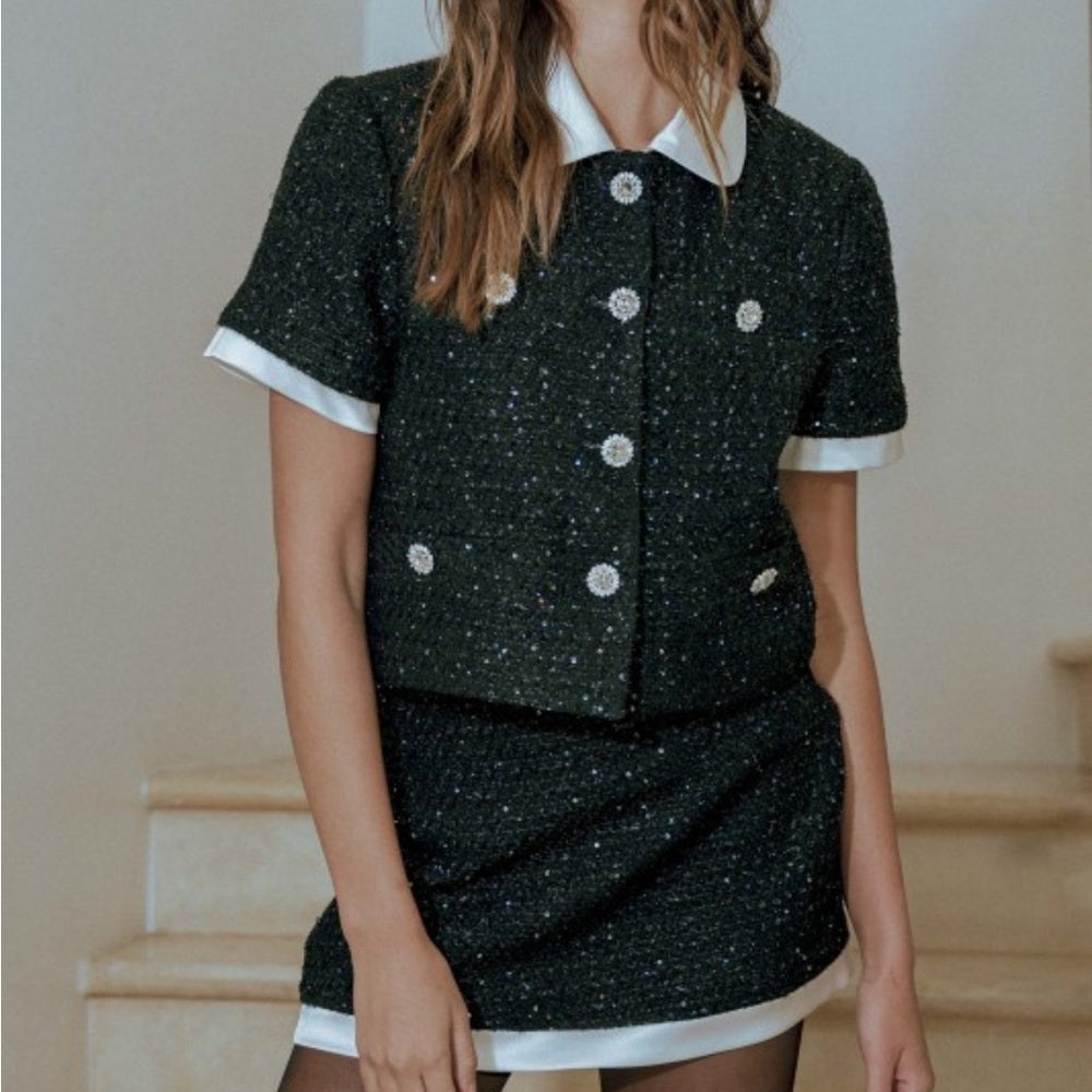 A127. Mable Sequin Tweed Rhinestone Jacket And Mini Skirt Set
