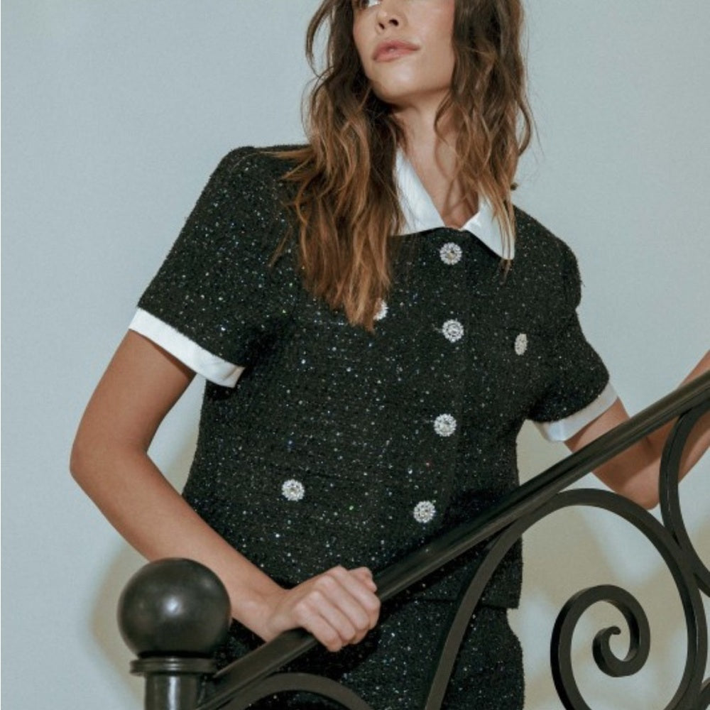 A127. Mable Sequin Tweed Rhinestone Jacket And Mini Skirt Set