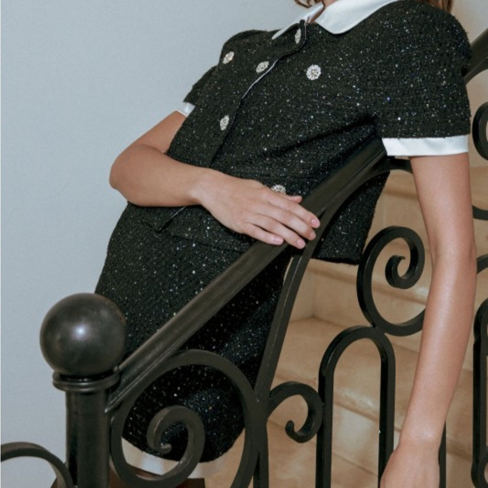 A127. Mable Sequin Tweed Rhinestone Jacket And Mini Skirt Set