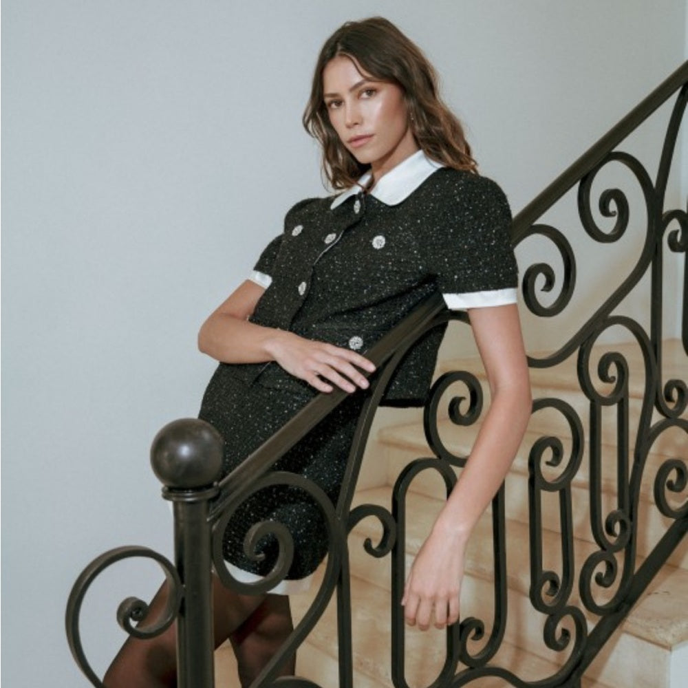 A127. Mable Sequin Tweed Rhinestone Jacket And Mini Skirt Set