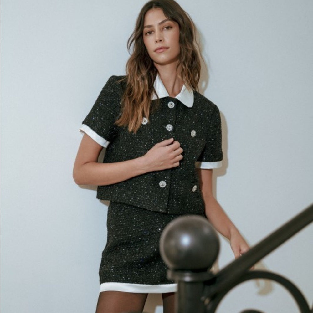 A127. Mable Sequin Tweed Rhinestone Jacket And Mini Skirt Set